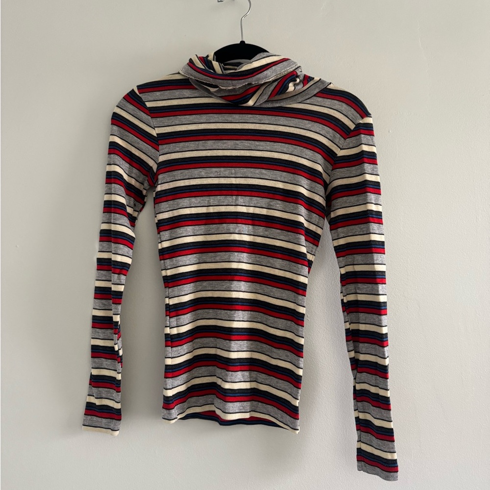 Striped Long Sleeve Turtleneck Top - Red, Navy & Cream